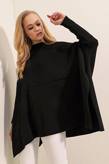 lovebox Detaliu cu fantă laterală Mânecă liliac lată Guler rotund Oversize Wide Fit Tricotaj negru Pulover 15783