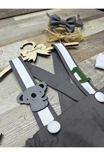 Feriatolye Koala concept baby boy birthday gray salopette bow tie socks set