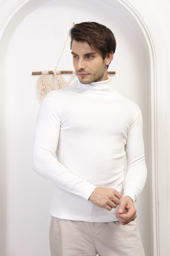 CATSPY Men's White Turtleneck Knitwear Lycra Sweater
