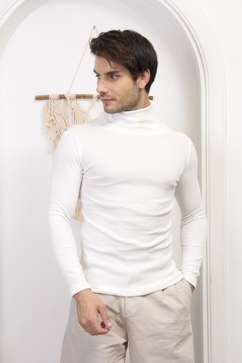 CATSPY Men's White Turtleneck Knitwear Lycra Sweater