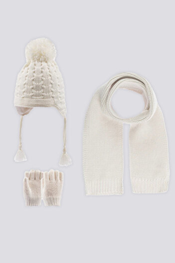 U.S. Polo Assn. Baby Girl Ecru Scarf-Beanie-Glove Set