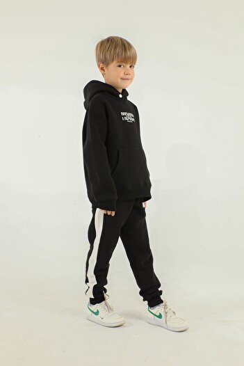 Black One Hooded Cargo Pocket Print Detailed Boy's Tracksuit Set
