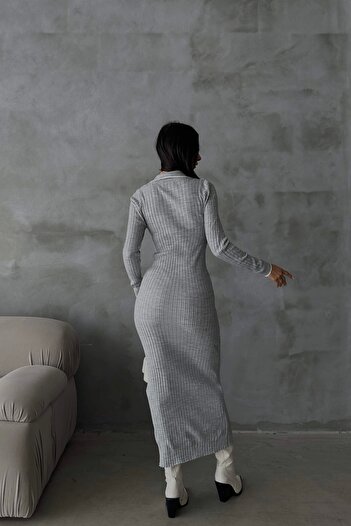 Eka Women's Gray Corded Buttoned Long Dress 1007-6023