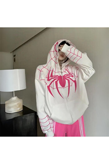 Violon Y2k Streetwear Spider Web Oversize Fermuarlı Beyaz Unisex Kapüşonlu Hırka