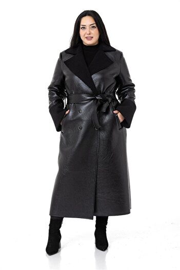 DISENTIS MODEST Large Size Long Leather Black Coat with Sleeve, Mouth and Fur Inside