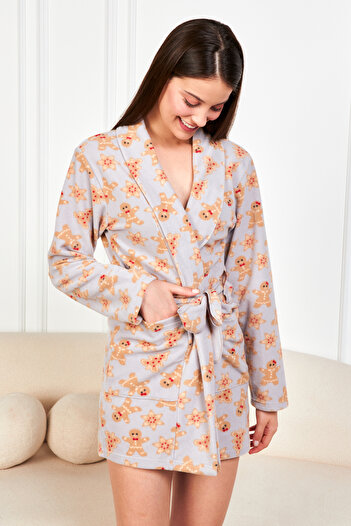 Ecrou Women's Gray Cookie Hooded Fleece Short Dressing Gown Pajama Set