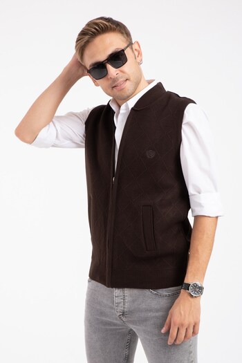 Mutlu City Men's Knitwear Vest for Middle Age and Above - Zippered, Winter, Acrylic, Brown Color 2073