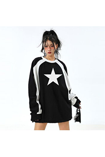 Touz LAGOM MODA Y2K Streetwear Star Printed Black Unisex Oversize Crew Neck Sweatshirt