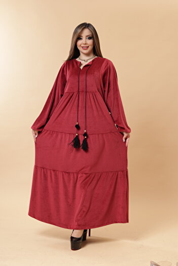 mervemoda Women's Velvet Burgundy big me long dress