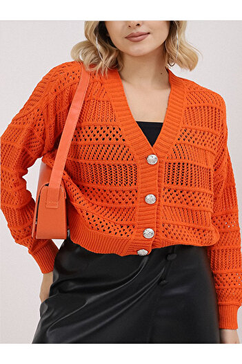 VEGENZE Women's Orange Summer Hole Buttoned Cardigan