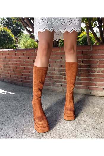 Sibel Durmaz Jasmin Tan Stretch Suede High Plaform Boots