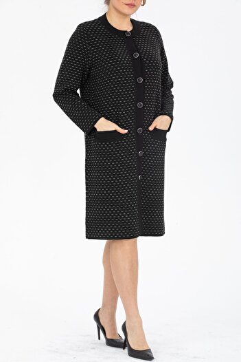 trikobis SILVER SIM JACQUARD DETAIL SPECIAL DESIGN LONG WOOL MOTHER'S CARDIGAN