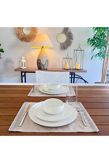 desen izmir American Service, Linen, Jute Texture, Gray Stripe, 2 Pieces