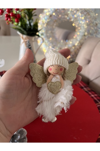 Ayd Home Set of 2 White Angels - Christmas Snow Angel Ornament with Gold String and Heart - Cream 16 cm