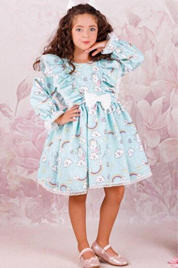 Riccotarz Girl's Unicorn Printed Sleeve Ruffled Embroidered Blue Dress Age 3-12