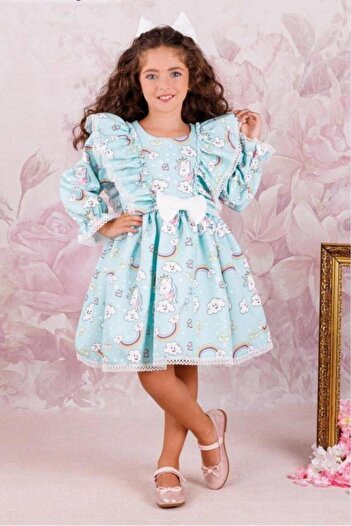 Riccotarz Girl's Unicorn Printed Sleeve Ruffled Embroidered Blue Dress Age 3-12