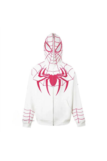 Violon Y2k Streetwear Spider Web Oversize Fermuarlı Beyaz Unisex Kapüşonlu Hırka