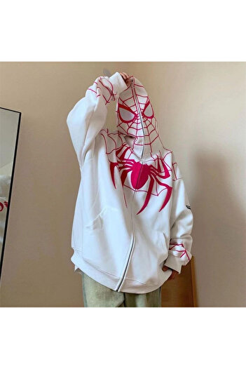 Violon Y2k Streetwear Spider Web Oversize Fermuarlı Beyaz Unisex Kapüşonlu Hırka
