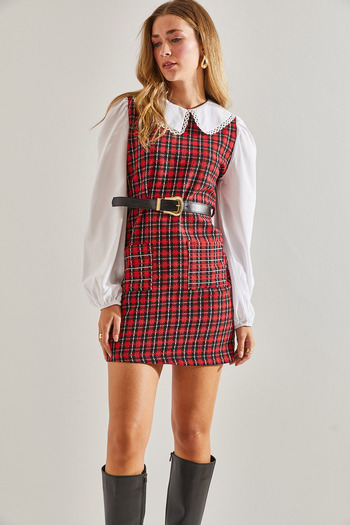 Bianco Lucci Women's Belted Plaid Patterned Collar Dress