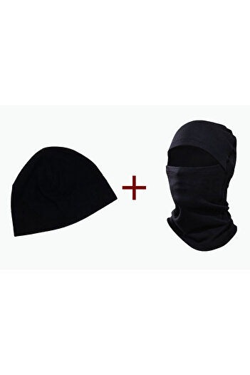 Mrey 2-Piece Black Thermal Winter Polar Snow Mask Biker Helmet - Polar Black Beanie Set Set