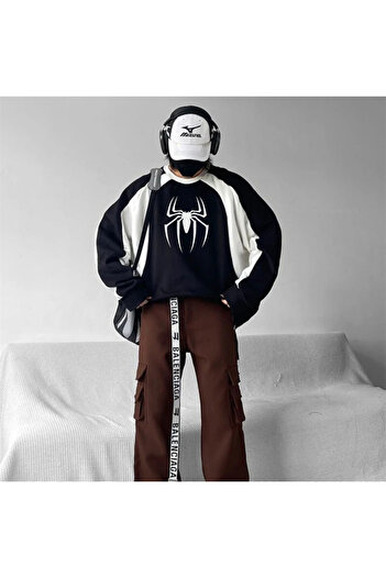 Touz Eyl Y2K Streetwear Spider Printed Black Unisex Oversize Crew Neck Sweatshirt