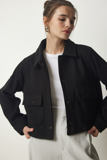Happiness İstanbul Women's Black Pocketed Stamp Jacket OH00051