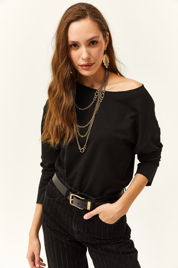 Olalook Women's Black Dirty Collar Printed Soft Textured Thin Sweatshirt