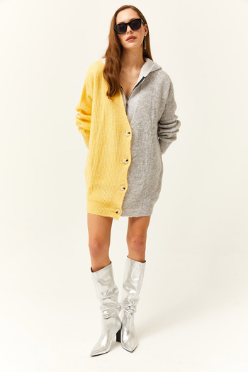 Olalook Women's Yellow Color Blocked Soft Textured Oversize Knitwear Cardigan