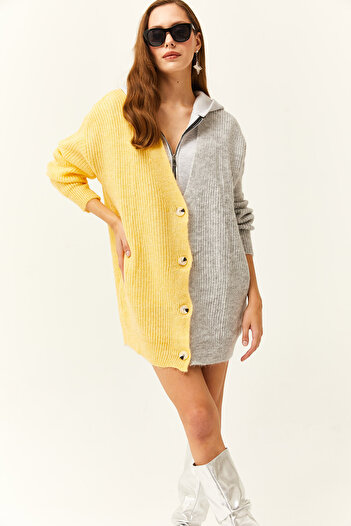 Olalook Women's Yellow Color Blocked Soft Textured Oversize Knitwear Cardigan