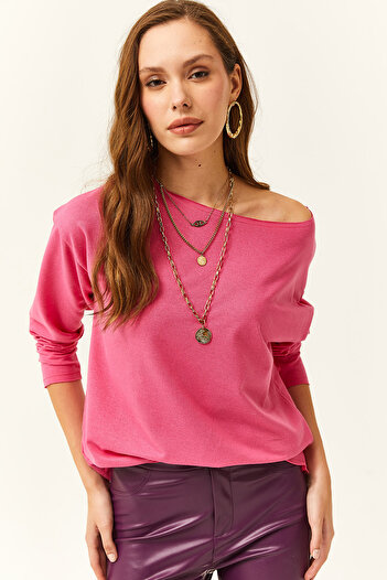 Olalook Women's Fuchsia Dirty Collar Printed Soft Textured Thin Sweatshirt