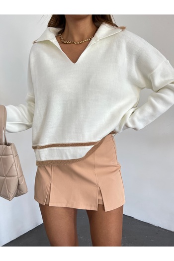 Jose Clothing Women's Polo Neck Contrast Detail Extra Soft Textured Long Sleeve Knitwear Sweater