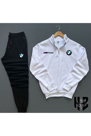 NewCabin Unisex White Bmw Printed Half Zip Sweatshirt Sweatpants Set