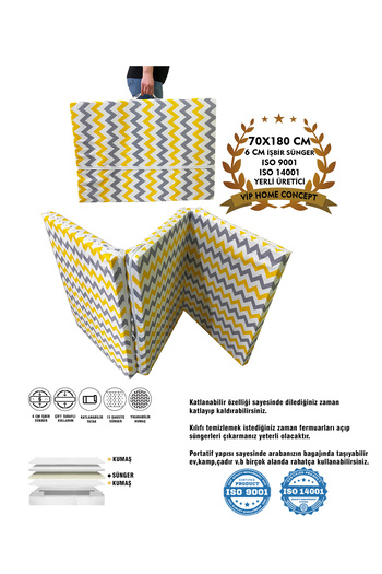 Vip Home Concept Market Ürünleri Tek Kişilik Katlanır Yer Yatağı Sünger Yatak Sarı Gri Zikzak 70x180 Cm-6 Cm