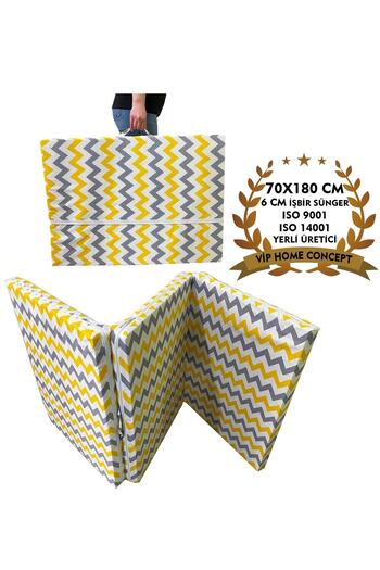 Vip Home Concept Market Ürünleri Tek Kişilik Katlanır Yer Yatağı Sünger Yatak Sarı Gri Zikzak 70x180 Cm-6 Cm