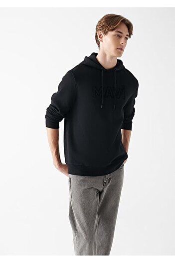 Mavi Logo Baskılı Kapüşonlu Siyah Sweatshirt Siyah