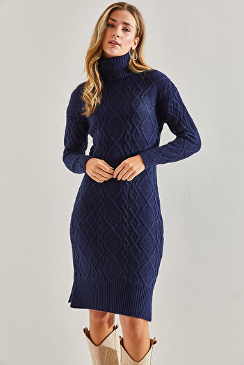 Bianco Lucci Women's Hair Braided Turtleneck Knitwear Dress