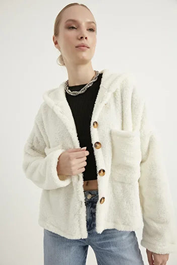 MEECY Women's White Double Pocket Hooded Plush Cardigan