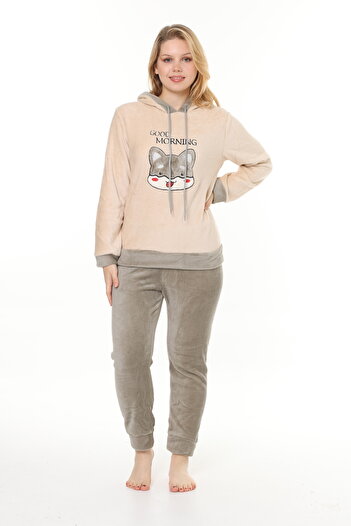 mervemoda Women's Beige soft soft high quality fabric embroidery detailed pajamas set