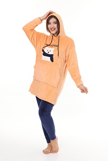 mervemoda Women's Salmon top welsoft bottom velvet leggings embroidery front hooded owersize mold double set