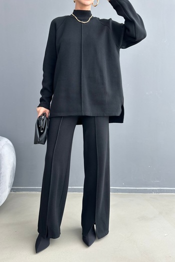 vuvutasarım Knitwear Fabric High Collar Long Sleeve Black Sweater and High Waist Black Trousers Bottom-Top Knitwear Suit 1070