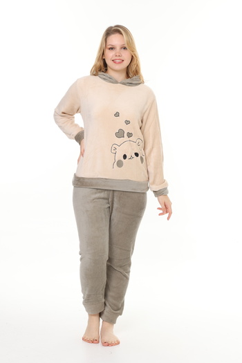 mervemoda Women's Beige soft soft high quality fabric embroidery detailed pajamas set