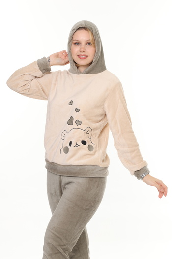 mervemoda Women's Beige soft soft high quality fabric embroidery detailed pajamas set