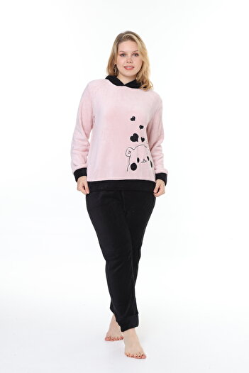 mervemoda Kadın Pudra soft yumoş yüksek kalite kumaş nakış detaylı pijama takımı