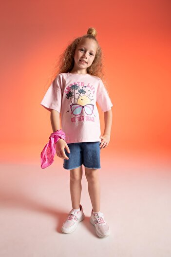 DeFacto Girl's Paperbag Elastic Waist Belted Jean Shorts