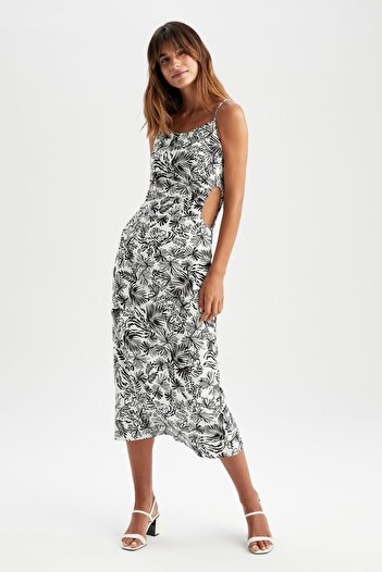 DeFacto Slim Fit Tropikal Desenli Keten Karışımlı Midi Askılı Elbise X6662az22sm