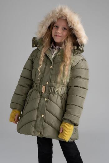 DeFacto Girl's Hooded Faux Fur Lined Long Coat