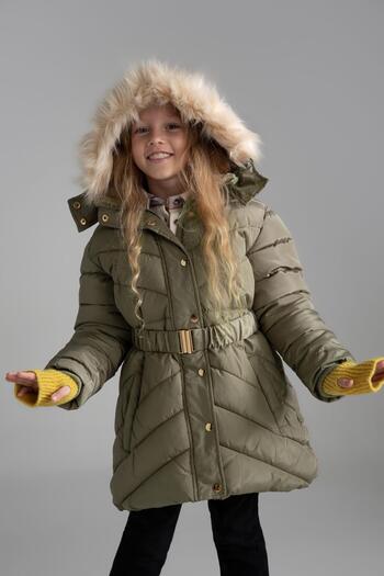 DeFacto Girl's Hooded Faux Fur Lined Long Coat