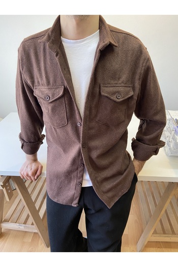 Tarz Cool Brown Men's Slim Fit Lumberjack Shirt with Double Pocket Flaps