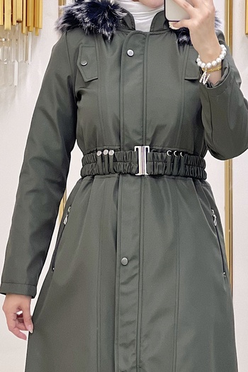 InStyle Florie Belted Pocketed Long Coat - Khaki