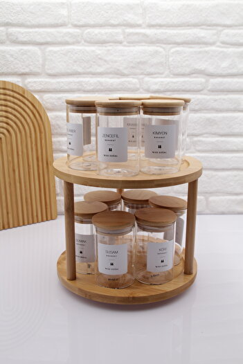 zezedesing 12-Piece Bamboo Vacuum Lid Glass Spice Jar Set with Bamboo Rotary Stand 300ML